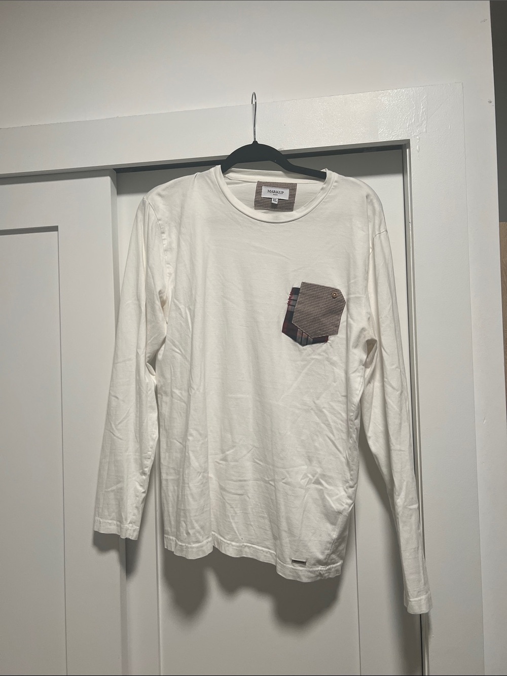 White Long Sleeve Tee with Patterned Chest Pocket from Italy